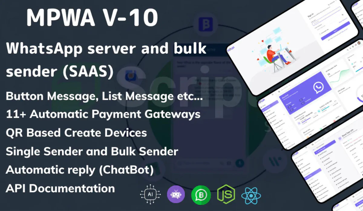MPWA v10 – WhatsApp Bulk Sender & Auto ChatBot SaaS | Laravel + Node.js | QR Login, API, 11+ Payment